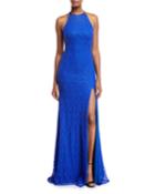 Beaded Cutout-back Halter Gown