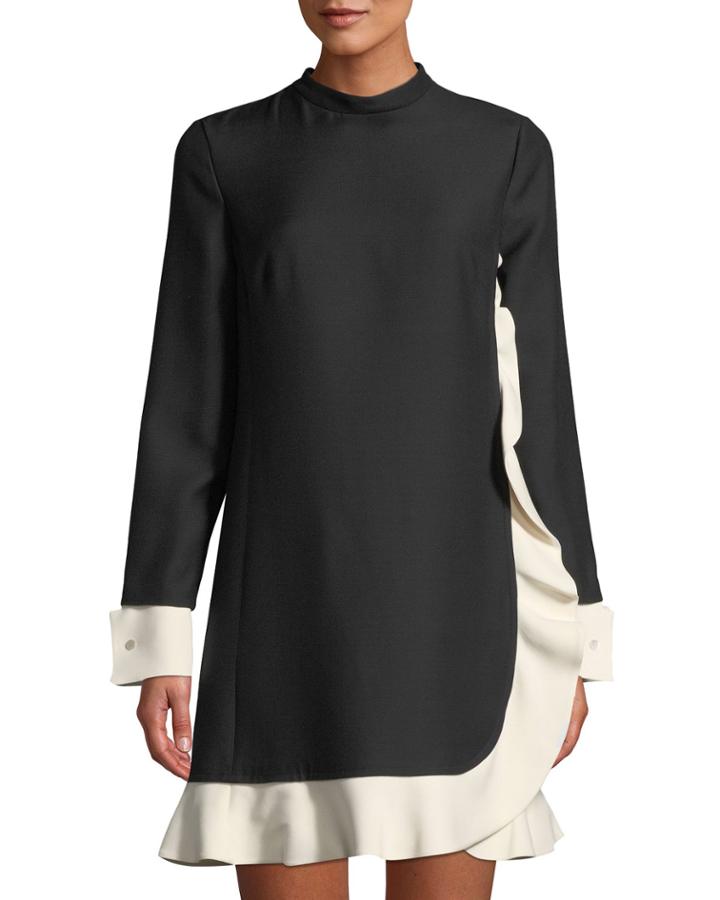 Mock-neck Contrast-trim Ruffle Dress