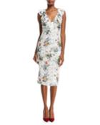 V-neck Sleeveless Botanical-print Lace Guipure Sheath Cocktail Dress