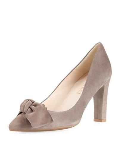 Knotted Bow High Suede Pump, Taupe