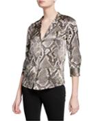 Aoki Snake-print Button-down Silk Blouse With Band Collar