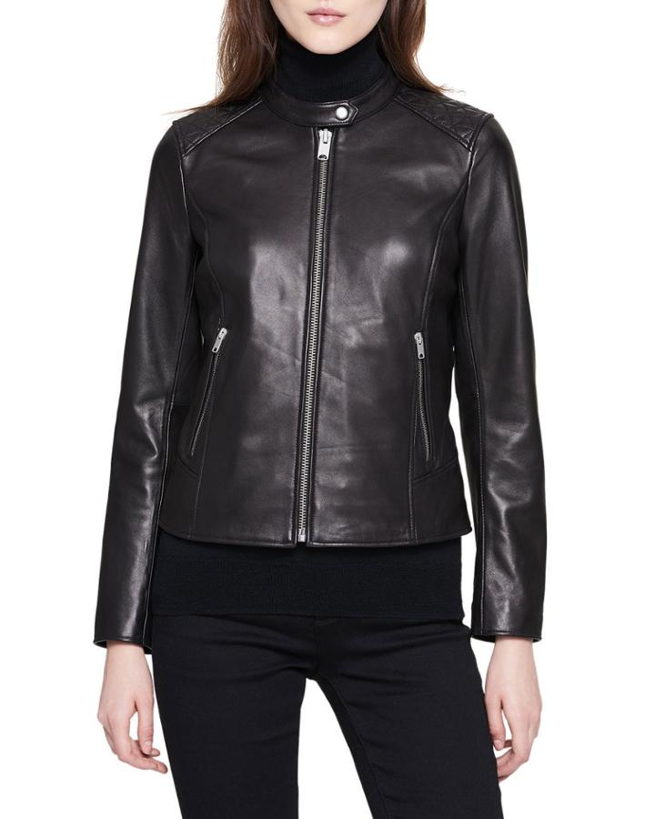 Stand-collar Quilted-shoulder Leather