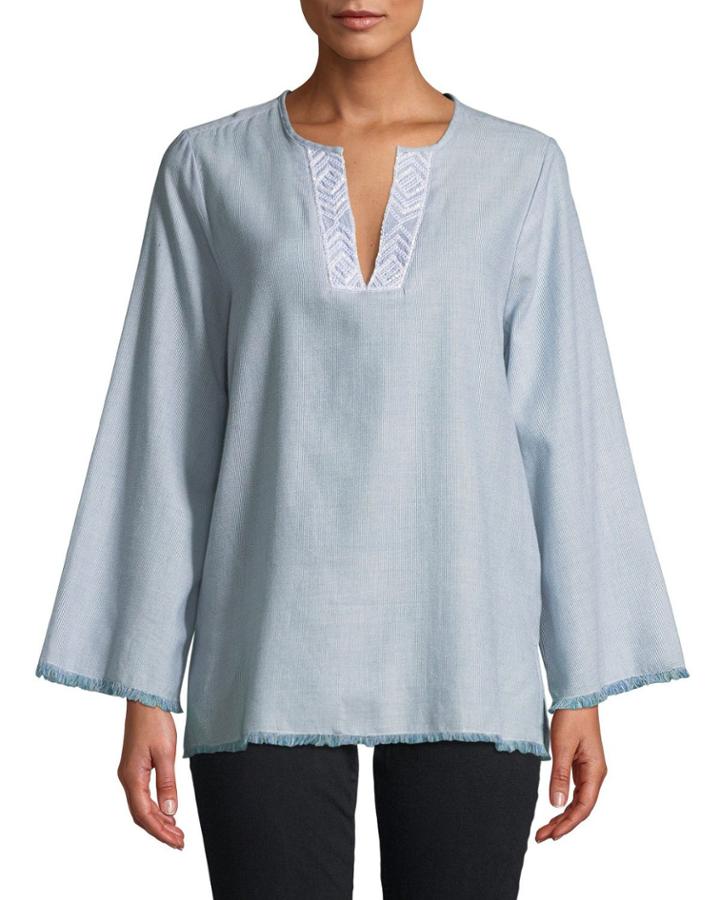 Beaded-yoke Striped Fray-edge Blouse