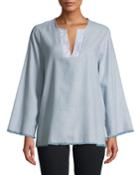 Beaded-yoke Striped Fray-edge Blouse