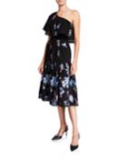 Giselle Floral Embroidered One-shoulder Ruffle-neck Dress