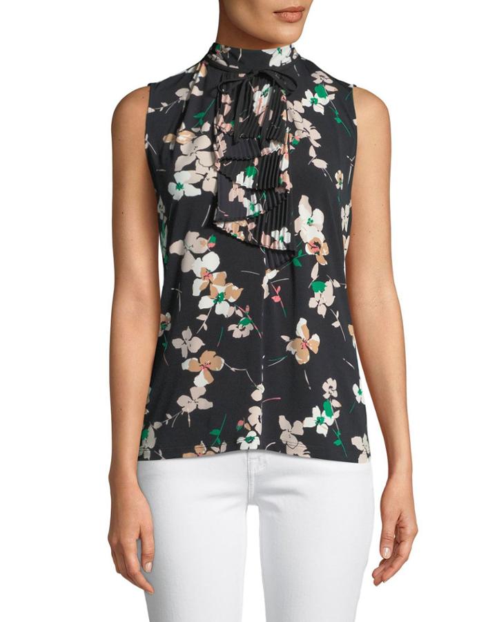 Floral Cascading-pleat Front Blouse