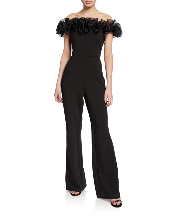 Off-the-shoulder Crepe Jumpsuit W/ Organza Flower Detail