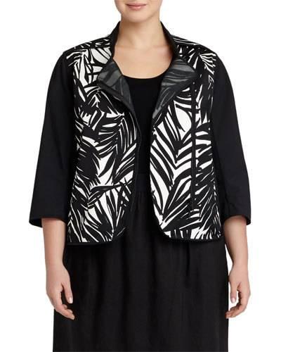 Arbor Leaf-print 3/4-sleeve Jacket, Black/white