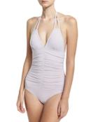 Solid Ruched Halter One-piece Swimsuit, Amethyst