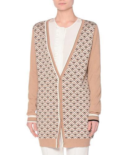 Long-sleeve Printed-front Cardigan, Camel/black/multi