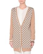 Long-sleeve Printed-front Cardigan, Camel/black/multi