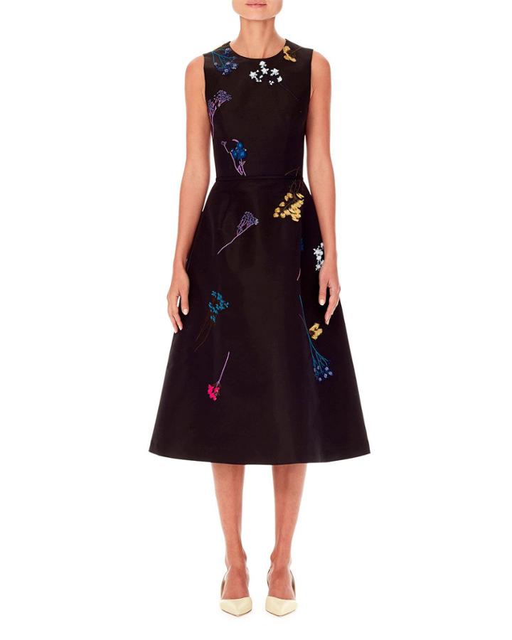 Sleeveless Floral-embroidered A-line Knee-length Dress