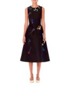 Sleeveless Floral-embroidered A-line Knee-length Dress