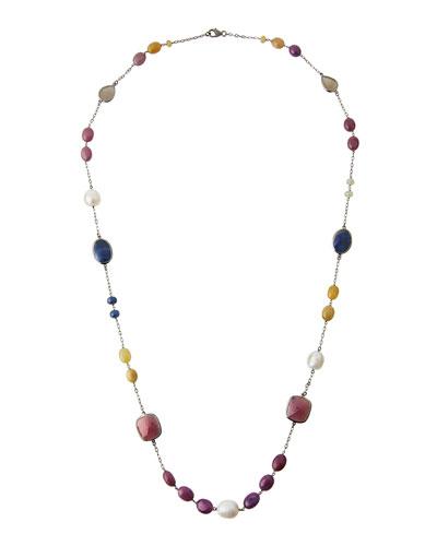 Long Sapphire & Pearl Beaded Necklace