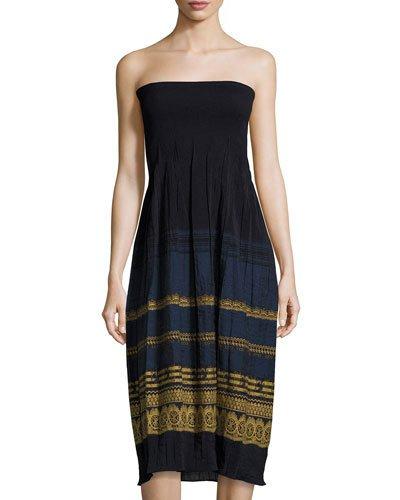 Smocked Jacquard Strapless Dress, Blue/gold