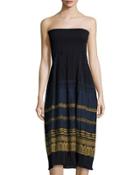 Smocked Jacquard Strapless Dress, Blue/gold