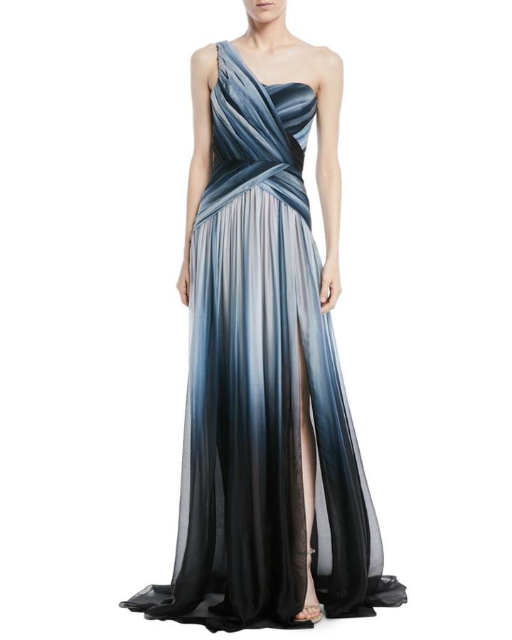 One-shoulder Ombre-printed Chiffon Evening Gown