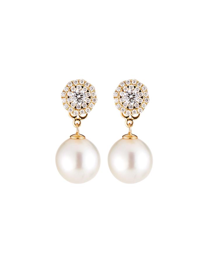 18k Yellow Gold Diamond-post South Sea Pearl Earrings, White