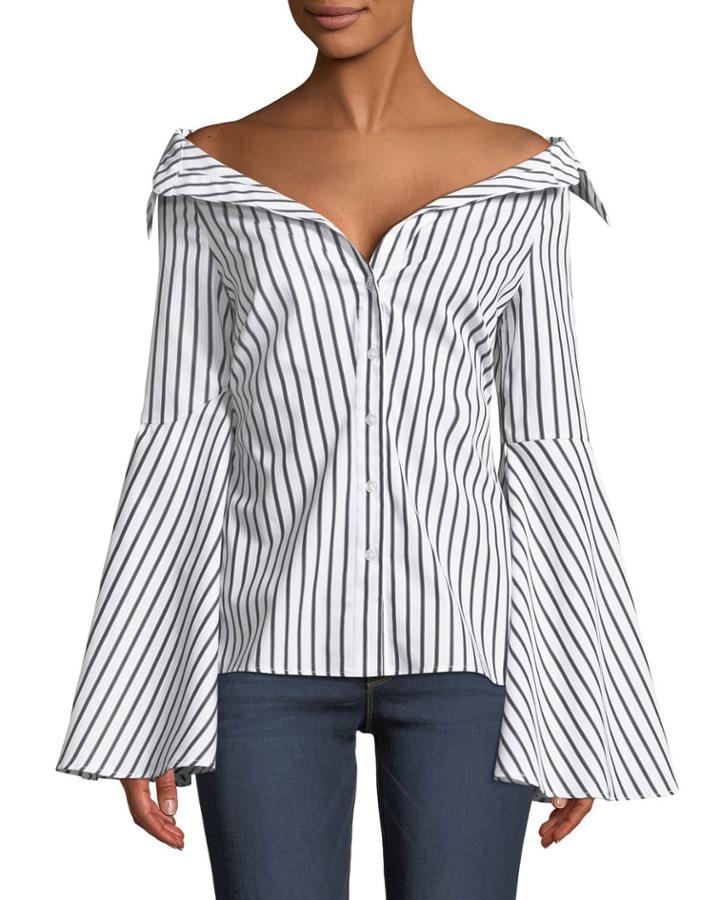 Persephone Off-the-shoulder Button-front Striped Poplin Top
