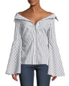 Persephone Off-the-shoulder Button-front Striped Poplin Top