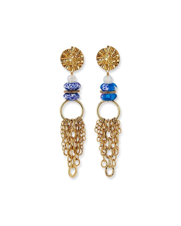 Glass & Chain Dangle Earrings, Blue
