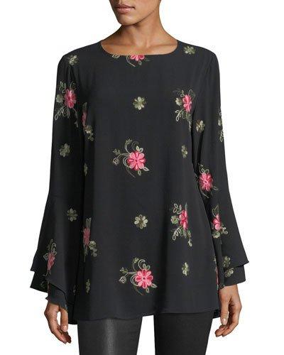 Floral-embroidered Long-sleeve Blouse