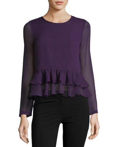 Ruffle Sheer-sleeve Peplum Top, Purple