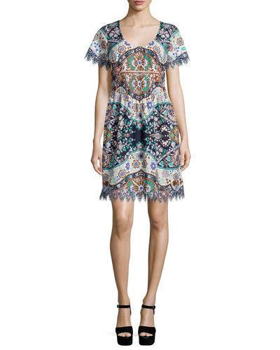Short-sleeve Pleated-waist Dress, Navy