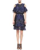 Splatter-print Cold-shoulder Tiered Dress