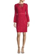 High-neck Bell-sleeve Lace Cocktail Dress