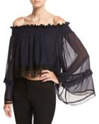 Georgette Ruffle Off-the-shoulder Top With Lace Trim, Navy
