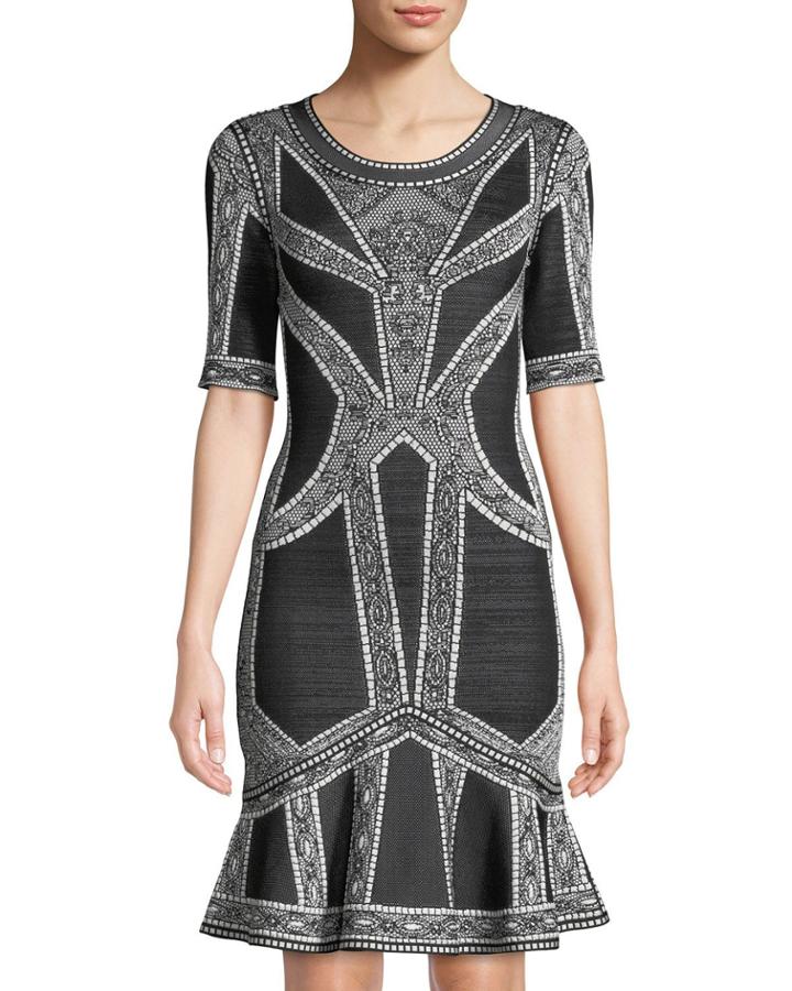 Round-neck Elbow-sleeve Fit-and-flare Jacquard Cocktail Dress