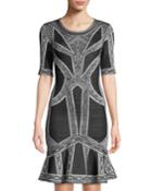 Round-neck Elbow-sleeve Fit-and-flare Jacquard Cocktail Dress