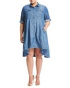 Roll-tab Button-front Chambray Dress, Light Blue,