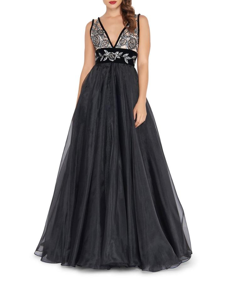 V-neck Sleeveless Organza & Velvet Ball Gown W/ Metallic Embroidery