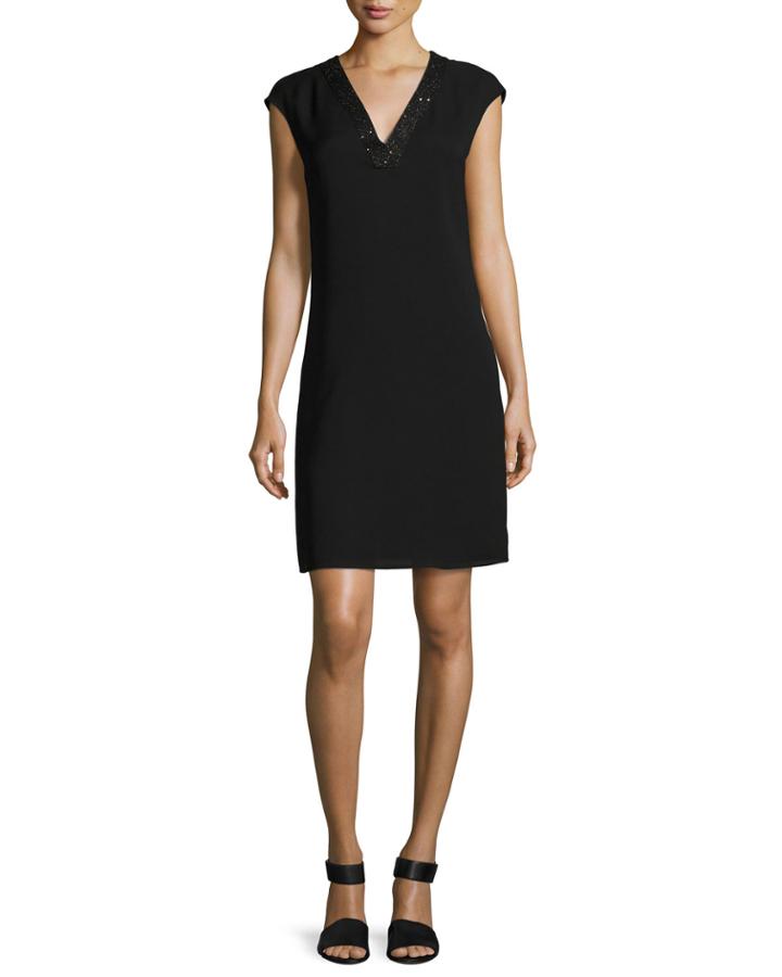 Jolet Cap-sleeve Sequin-trimmed Silk Dress, Black