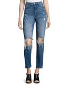 High-waist Cropped Boyfriend Jeans, Blue Destroy