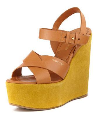 Sergio Rossi Two-tone Ankle-strap Platform Sandal, Light Brown/mustard