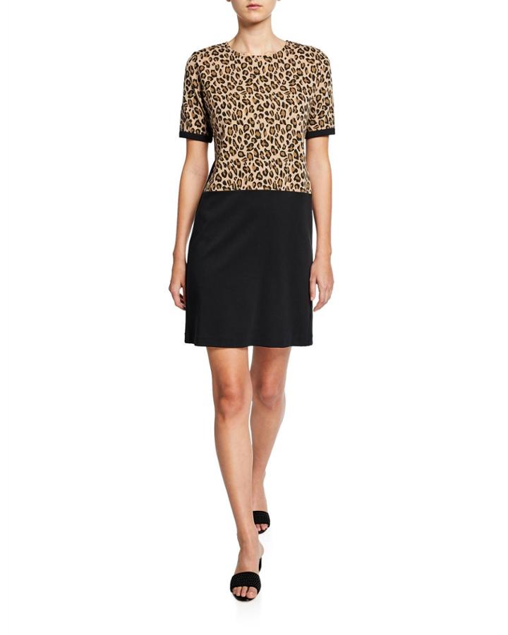 Petite Colorblock Leopard Print Short-sleeve Cotton Dress
