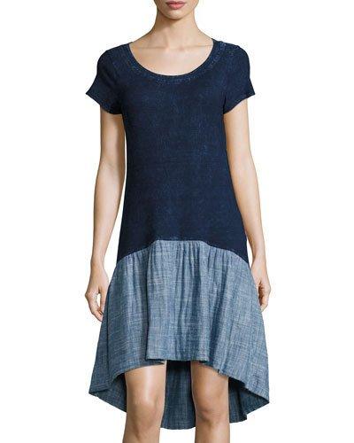 Kris Chambray-trim Bubble Dress, Indigo
