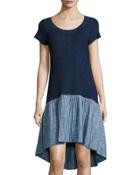 Kris Chambray-trim Bubble Dress, Indigo