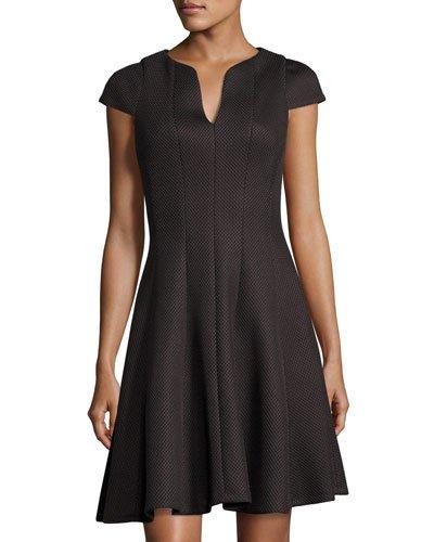 Split-neck Cap-sleeve Fit-and-flare Dress