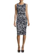 Floral-print Stretch-cotton Sheath Dress, Black/white