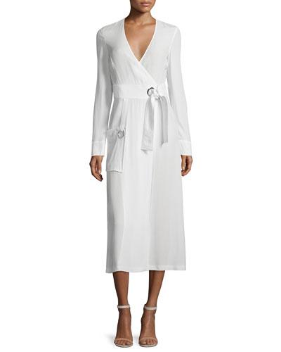 Ray Long-sleeve Crepe Wrap Dress, White