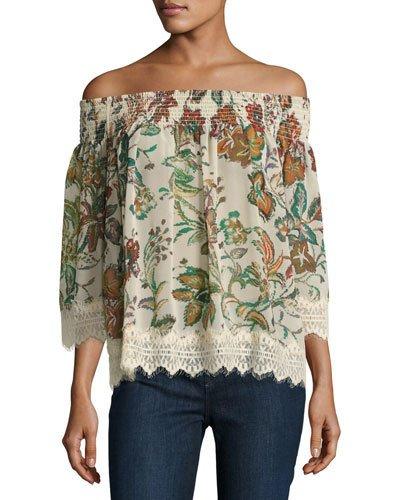 Smocked Off-the-shoulder Printed Top, Neutral