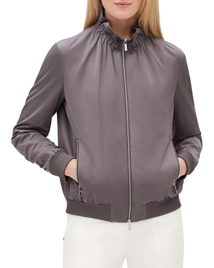 Kiki Zip-front Long-sleeve Urbane Satin Jacket W/ Ribbed Cuffs & Hem