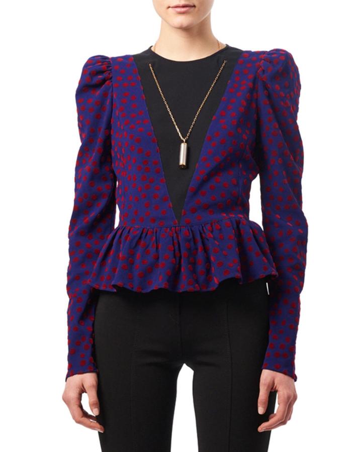 Pasqua Flocked Dot Peplum Top With Necklace, Red/blue