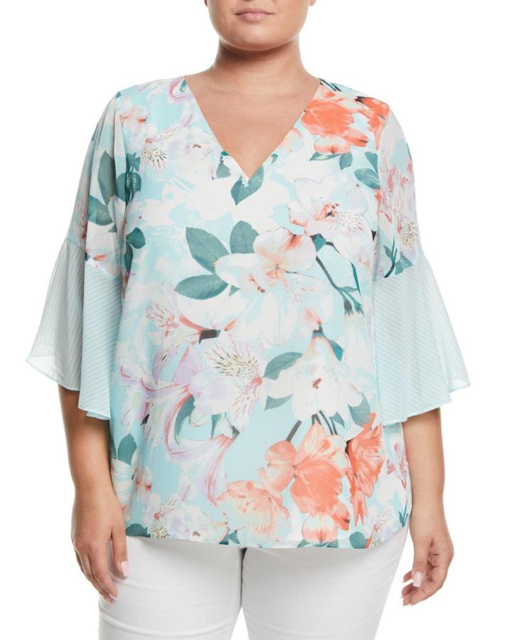 Tropical Floral V-neck Bell-sleeve Blouse,