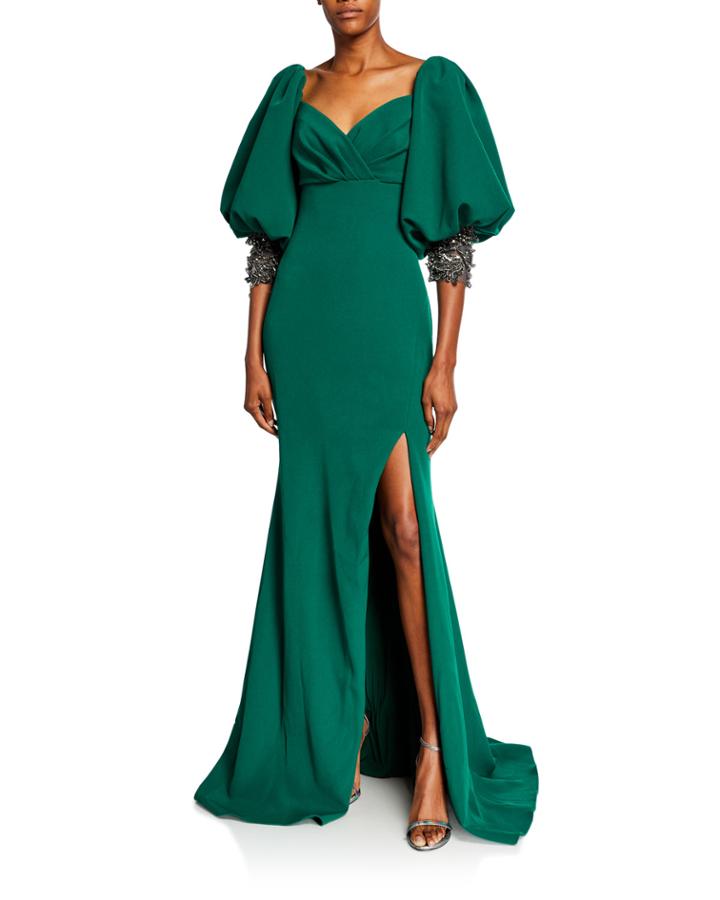 Sweetheart Balloon-sleeve Crepe Gown With Beaded Cuffs