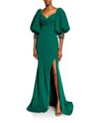 Sweetheart Balloon-sleeve Crepe Gown With Beaded Cuffs